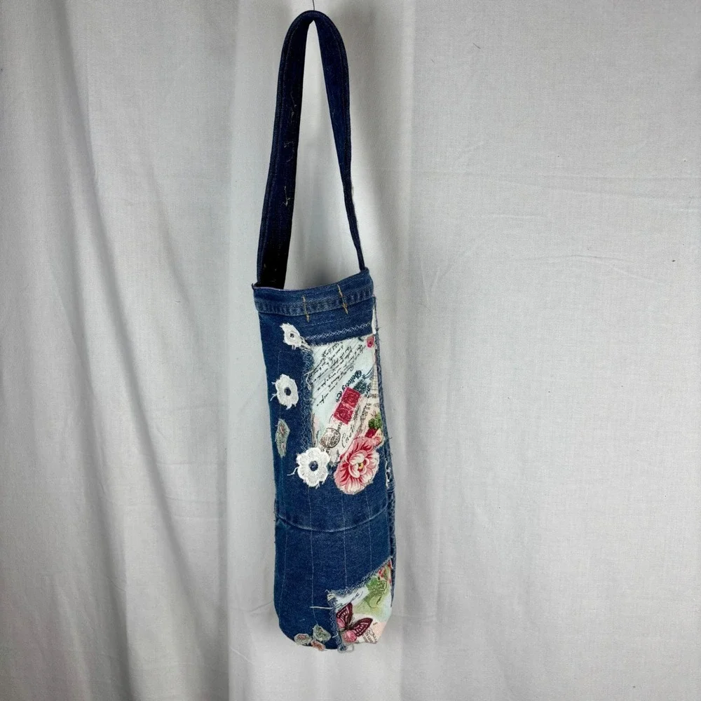 Handmade Denim Wine Tote Bag Floral Patchwork White Lace Embellished‎